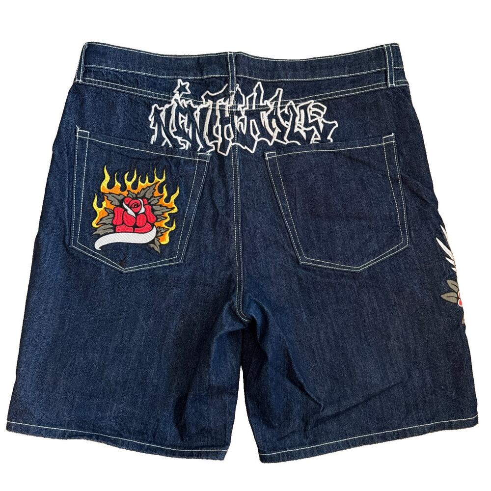 Ninth Hall Waylay Denim Shorts Men 36 Tiger Rose Embroidery Jorts Y2K Streetwear - Picture 2 of 10